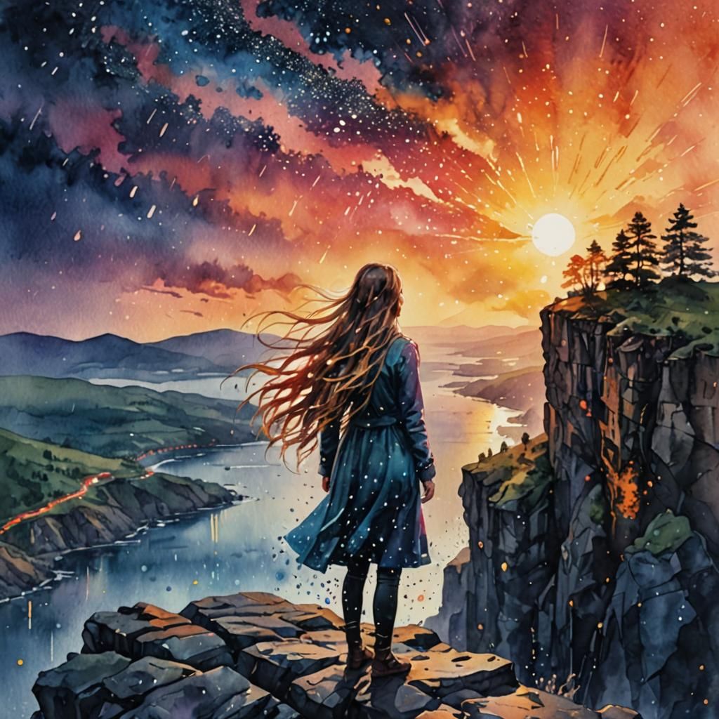 Woman Gazing at Sunset: Watercolor Illustration