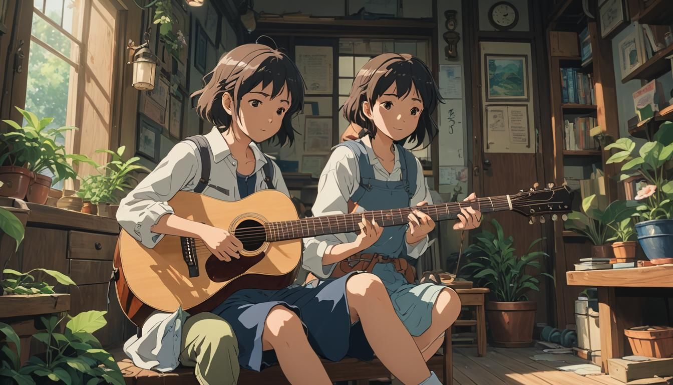Anime Woman Plays Guitar in Ghibli Style