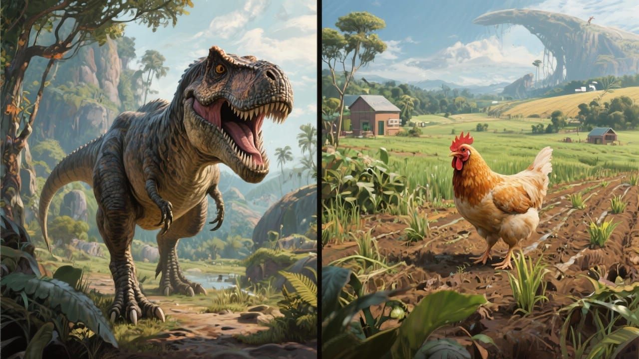 Dinosaur and Chicken Split Panel Art