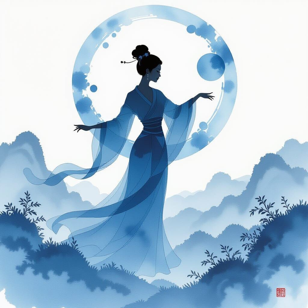 Dancing Lady Silhouette in Chinese Watercolor Style