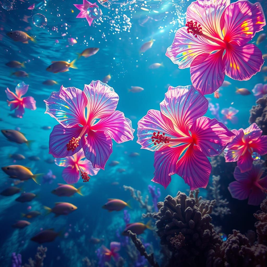 Underwater Crystal Hibiscus Flowers in Rainbow Hues