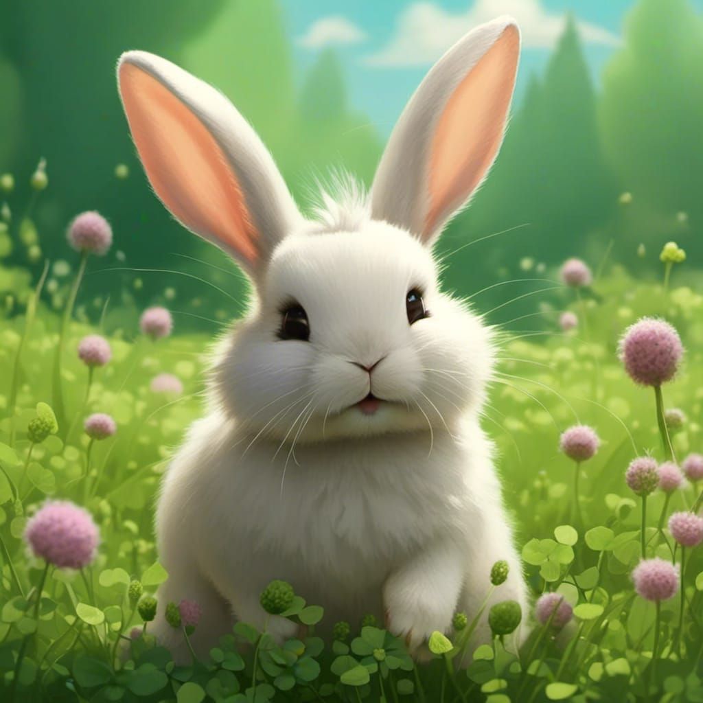 Kawaii Rabbit in Sunlit Meadow with Clover