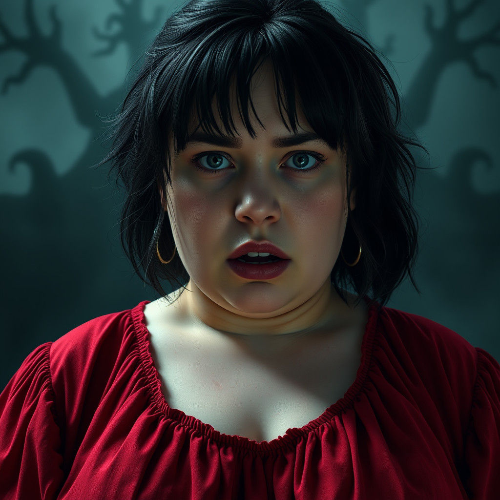 Mysterious Woman in Crimson Peasant Dress, Immersed in Eerie...