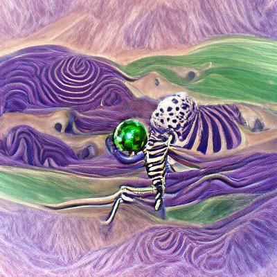 Green-Eyed Skeleton Over Purple Planet