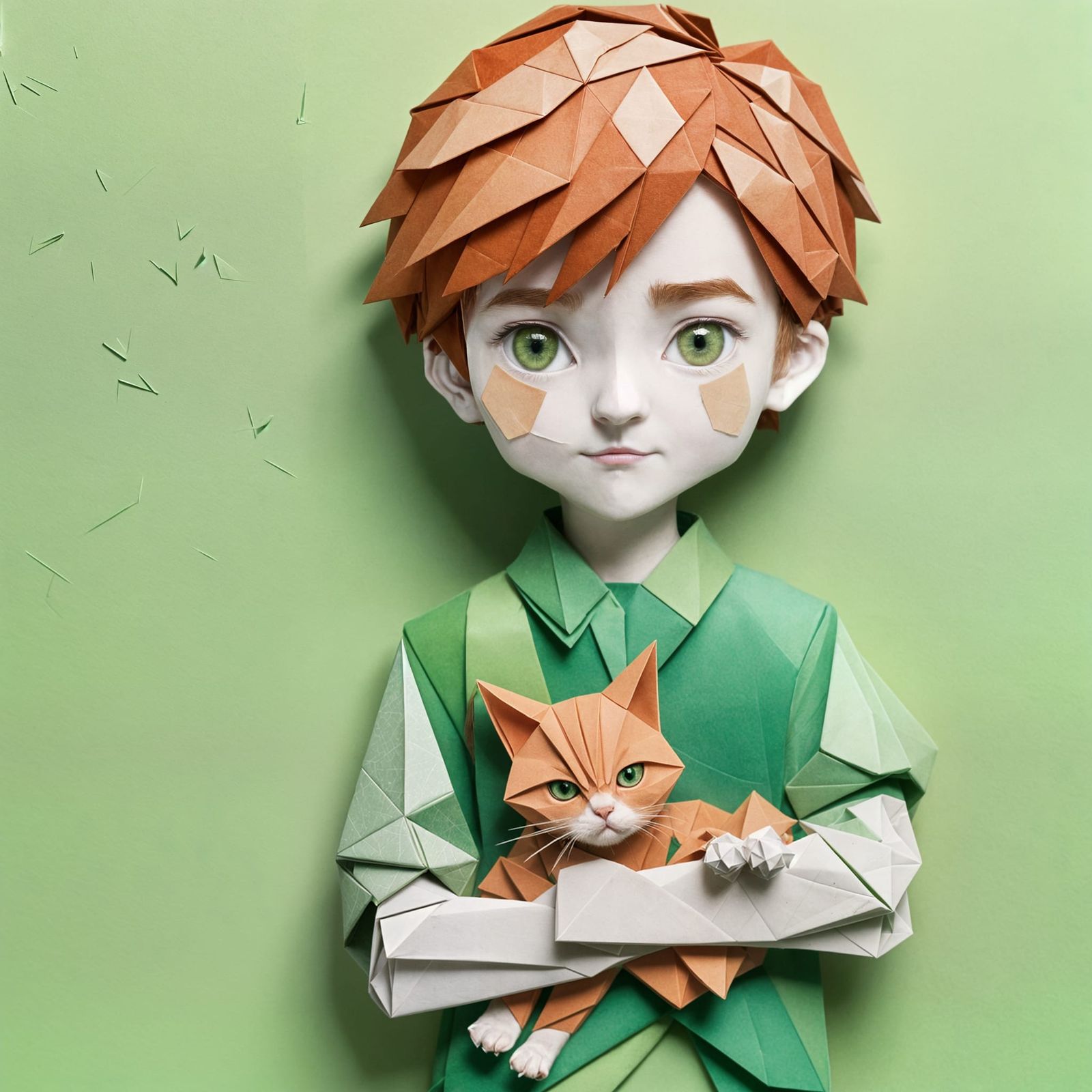 Boy Holding Kitten in Origami Papercraft Style