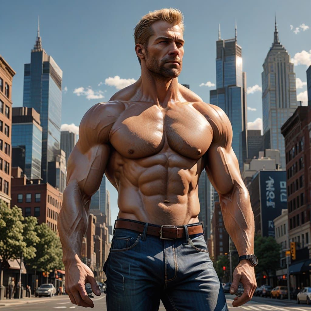 Hyper-Realistic Male Figure in Modern Cityscape