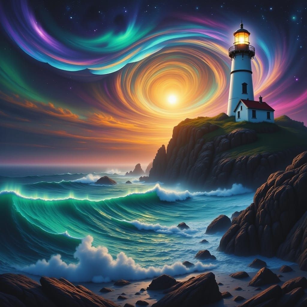 Aurora Borealis Over Lighthouse in Vibrant Graffiti Art Styl...