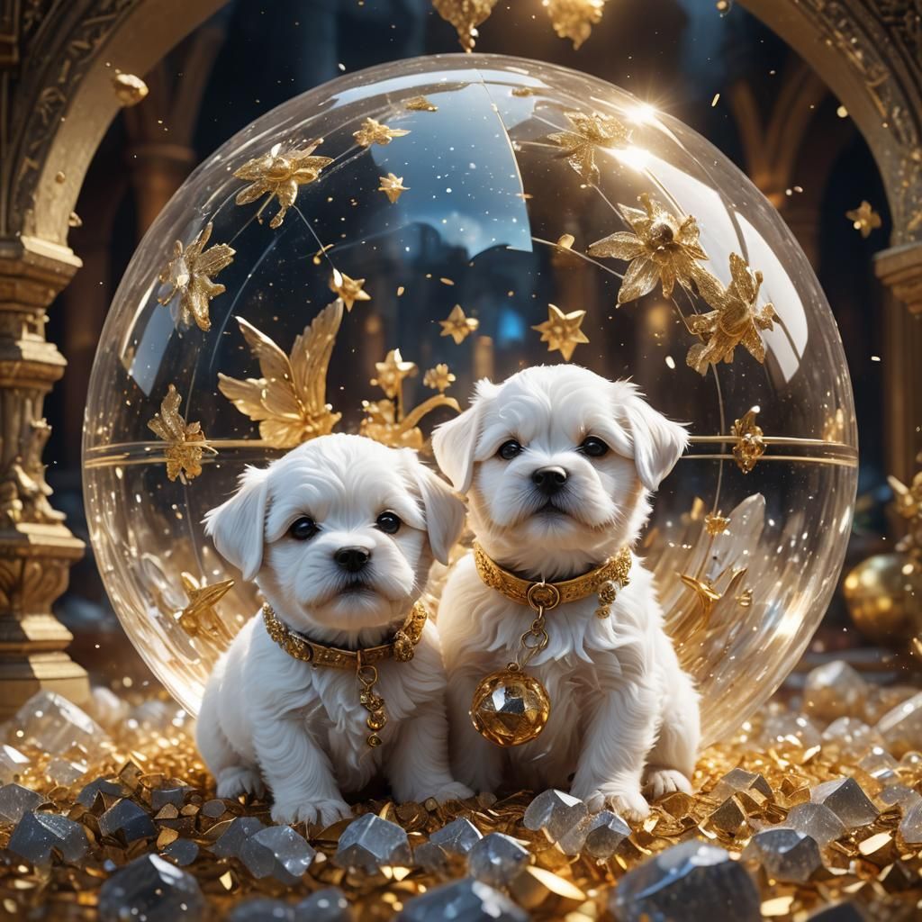 Maltese Puppies in Crystal Ball with Golden Dust