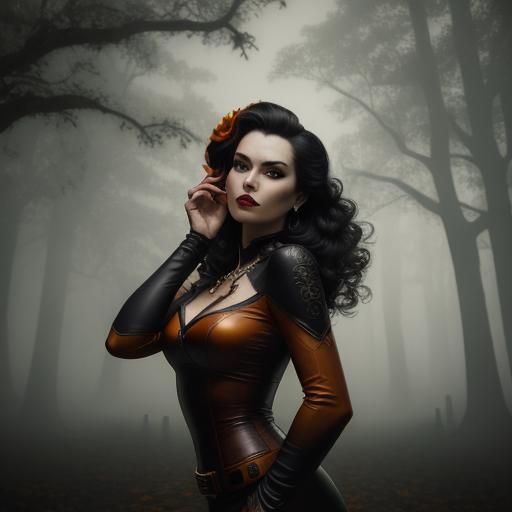 Vampire Pin-Up Bombshell in Graveyard, Hyperrealistic Art