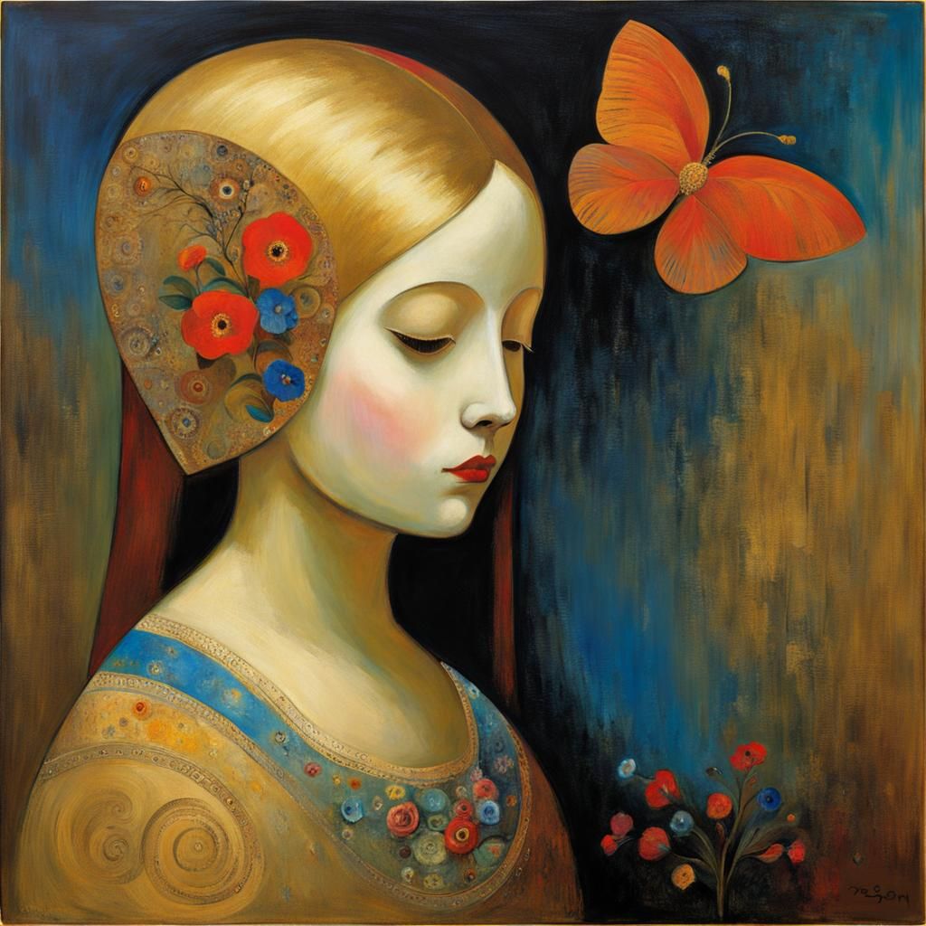 Girl with Death Mask in Symbolist Style