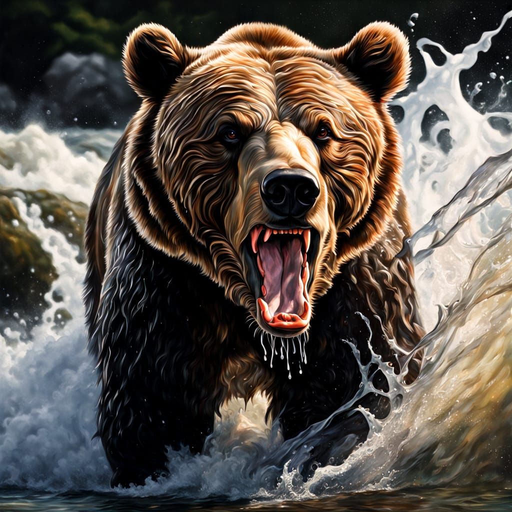 Baroque Oil Painting of a Brown Bear Catching Salmon