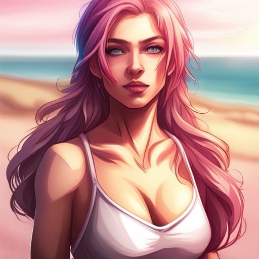 Pink-Haired Transgender Woman Portrait on a Beach