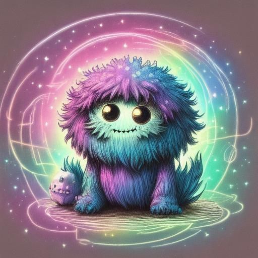 Cute Fluffy Monster in Vintage Sketch Style