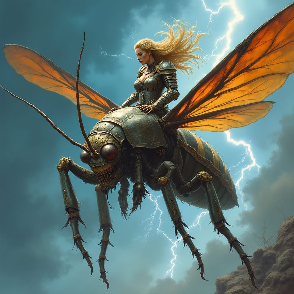 Valkyrie Warrior Rides Armored Mosquito in Comic Book Style