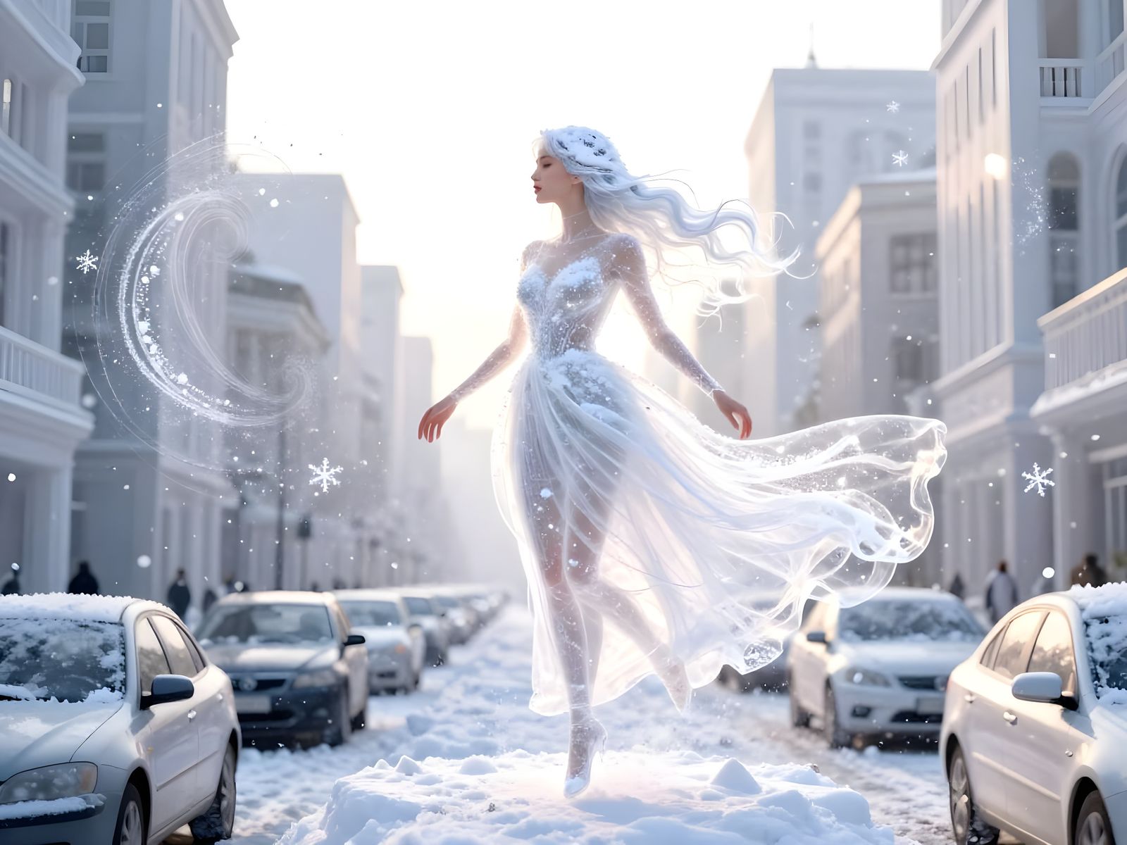 Graceful Phantom Woman in Snowy Cityscape