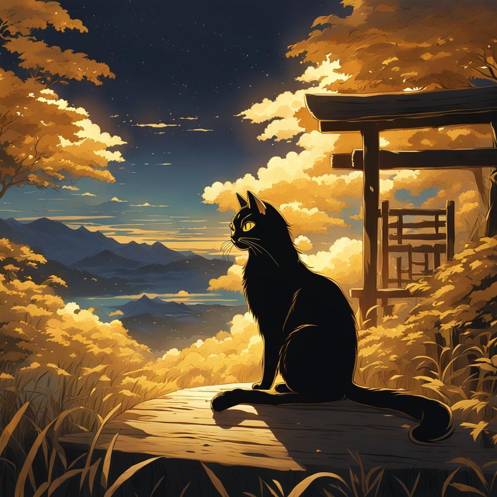 Golden and Black Cat Wood Carving in Anime Style
