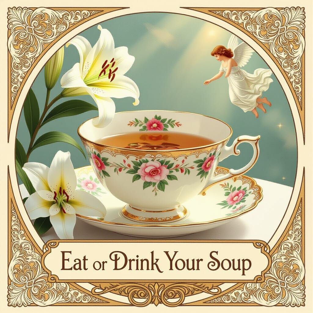 Art Nouveau Soup Setting with Angels and Floral Motifs