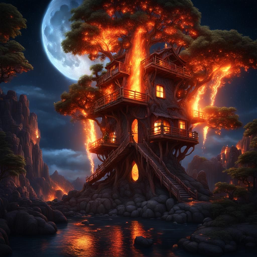 Volcano Treehouse at Night in Detailed Matte Painting