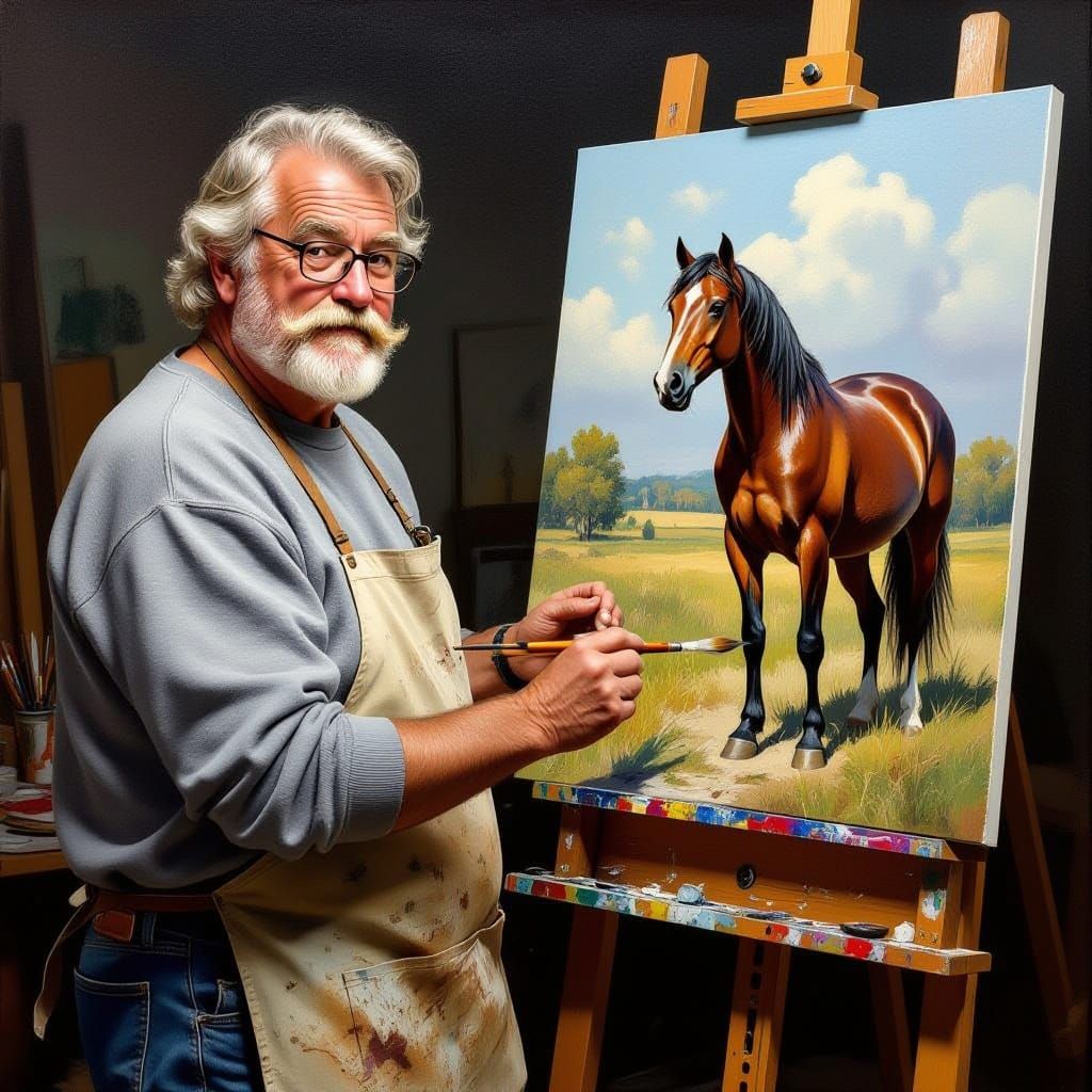 Aged Artist Paints Equine Masterpiece in Vintage Studio