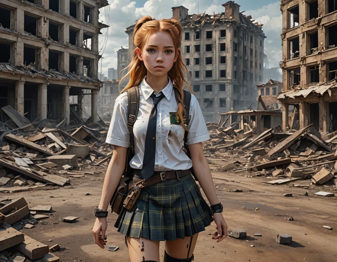Post-Apocalyptic Schoolgirl in Destroyed City: Digital Acryl...