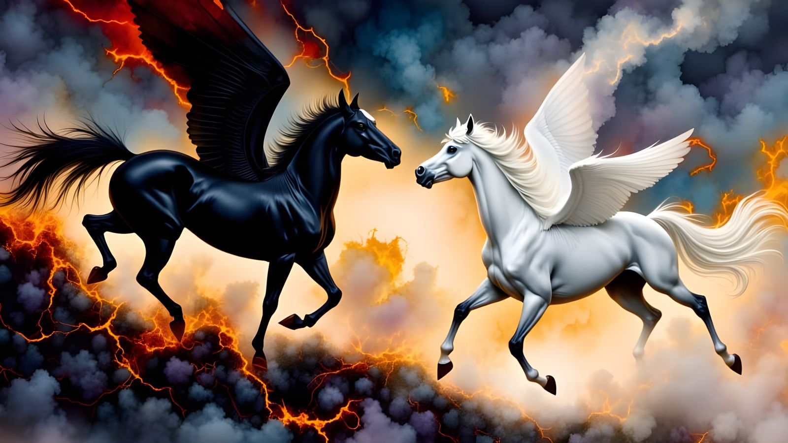 Heavenly Pegasus Battles Demonic Horse in Fiery Clash