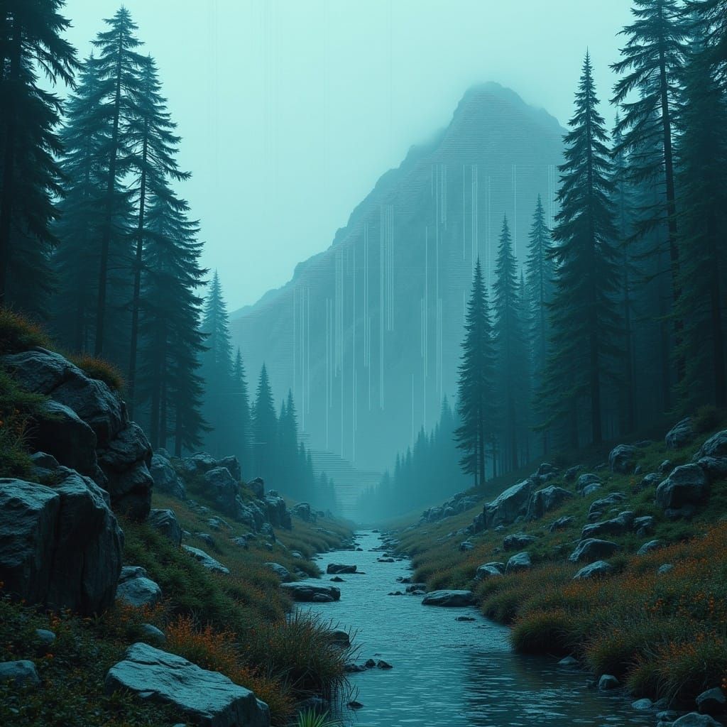 Cyberpunk Glitch Landscape with Misty Mountains