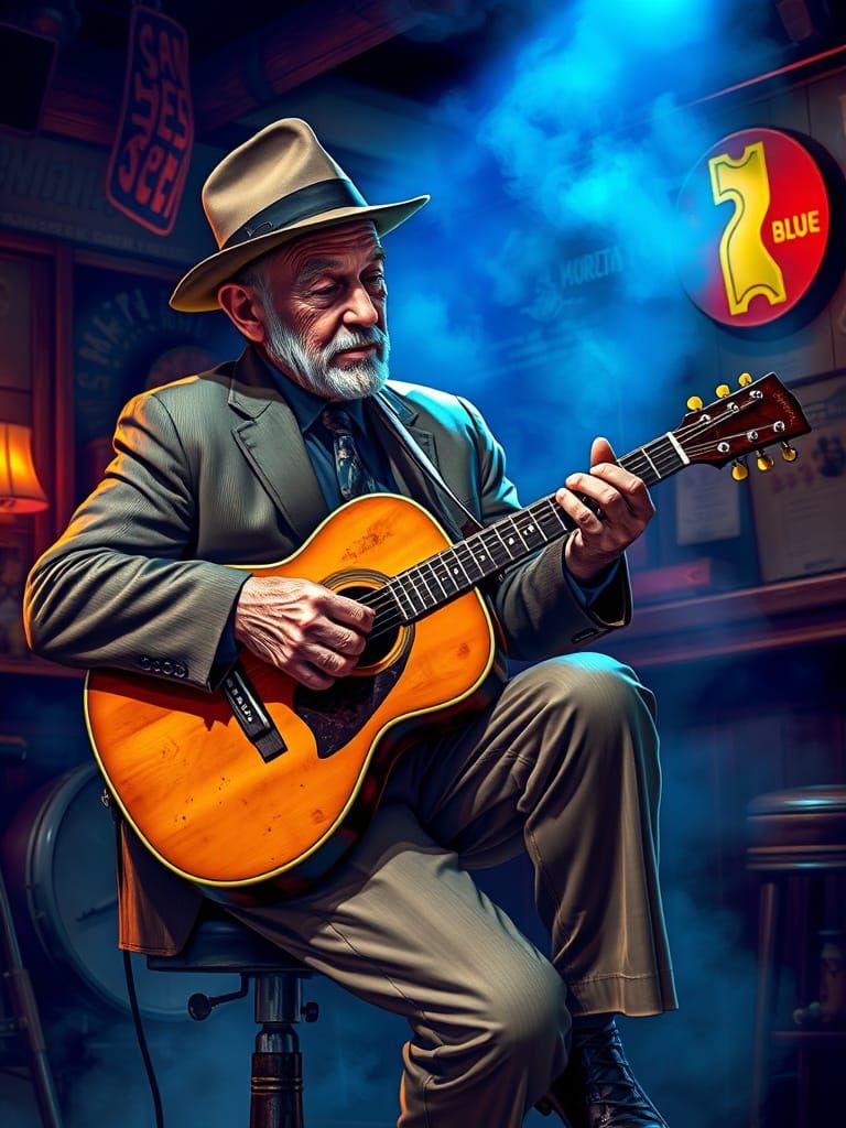Blues Musician in 1940s Club, Hyperrealistic Style