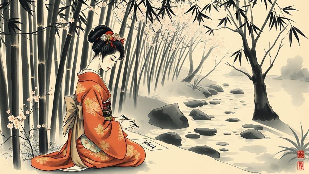 Geisha Practicing Calligraphy in Sumi-e Style Bamboo Garden