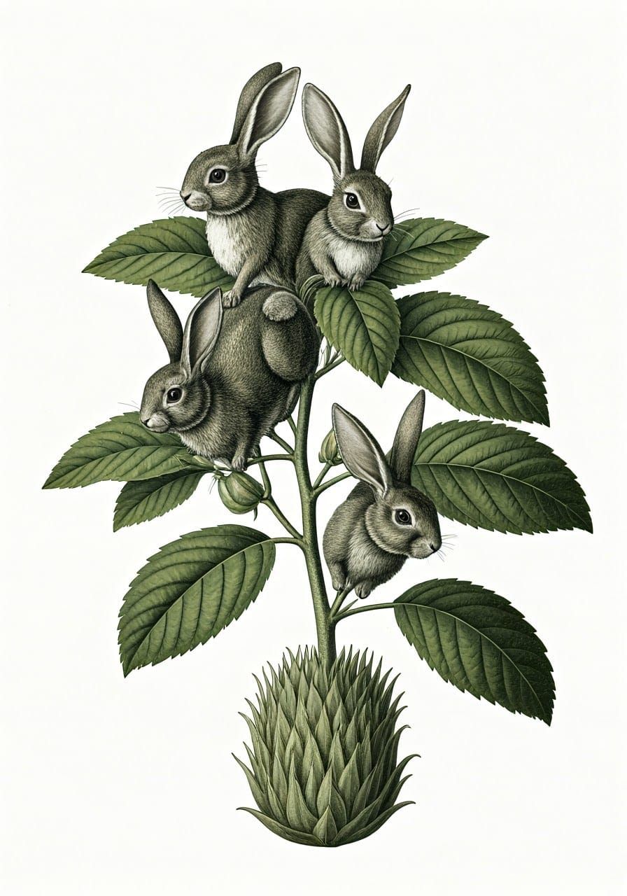19th century Botanical ink drawing style, a plant with rabbits instead of fruit