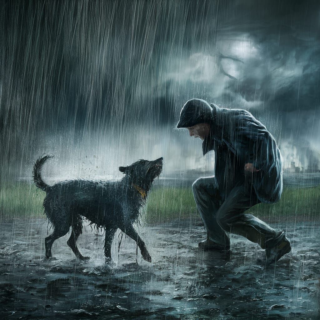 Wet Dog Shakes Off Rain in Gloomy Cityscape