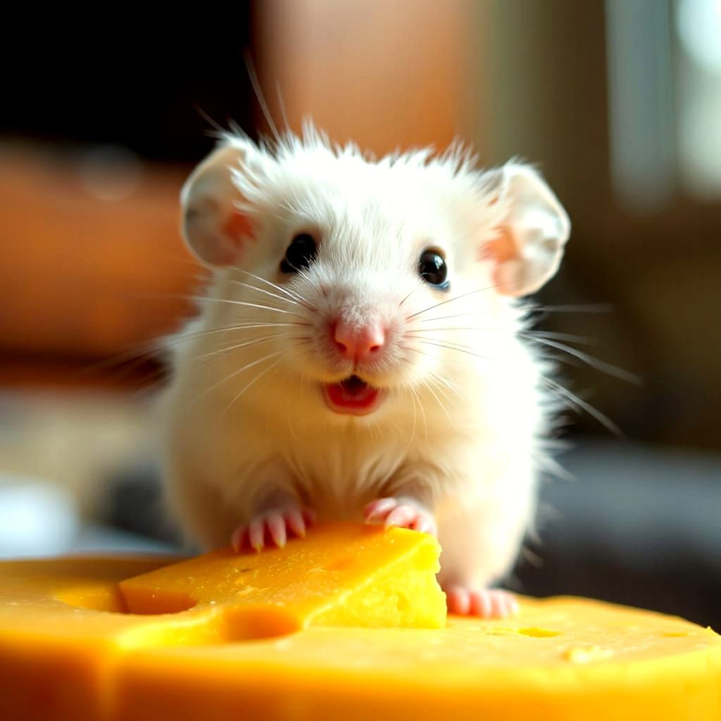 Fluffy White Mouse on Cheese, Macro Shot