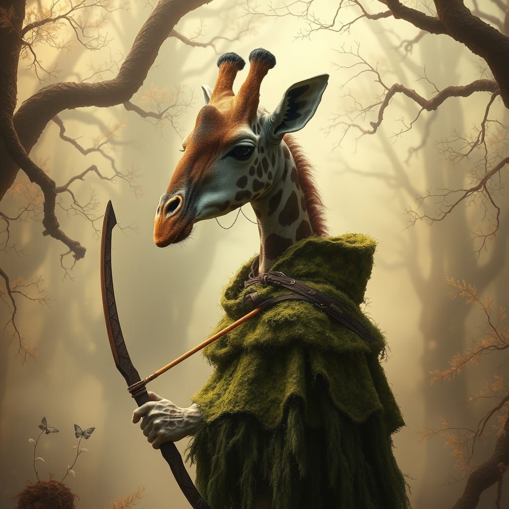 Ethereal Giraffe Archer in Whimsical Forest Scene