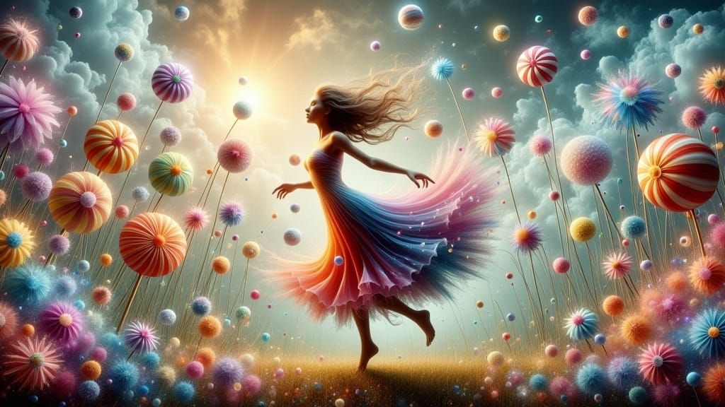 Whimsical Woman in a Dreamlike Pinwheel Landscape