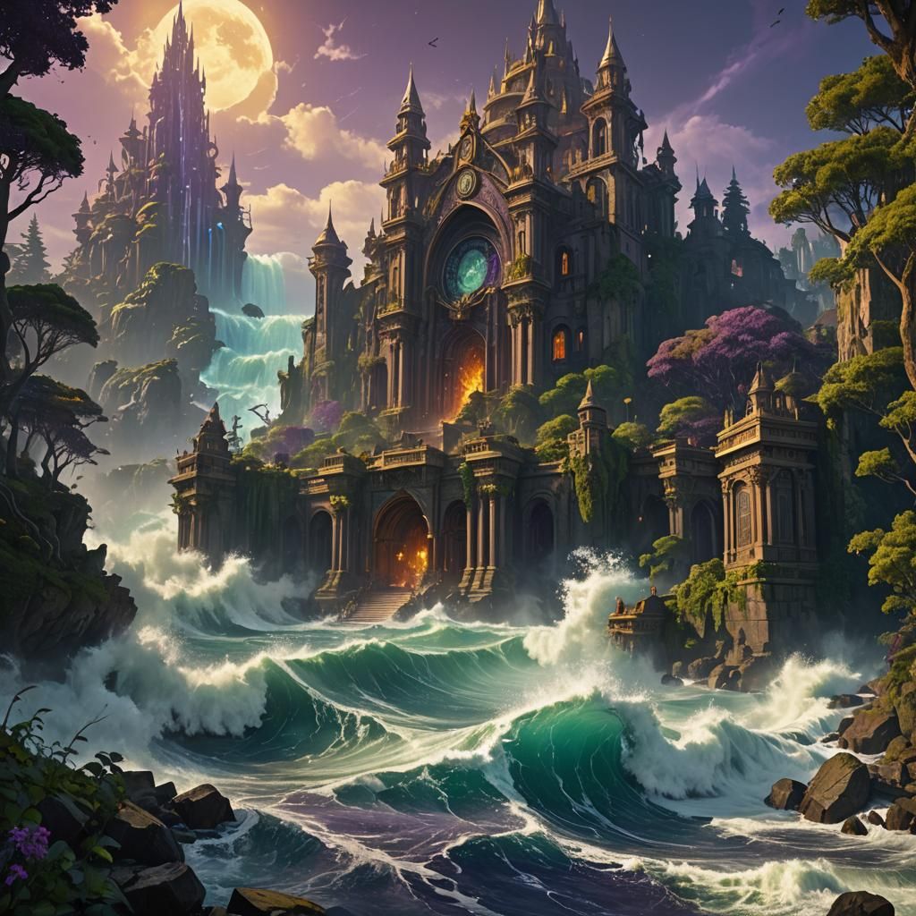Waves Crash into Forest City Atlantis: Dark Fantasy