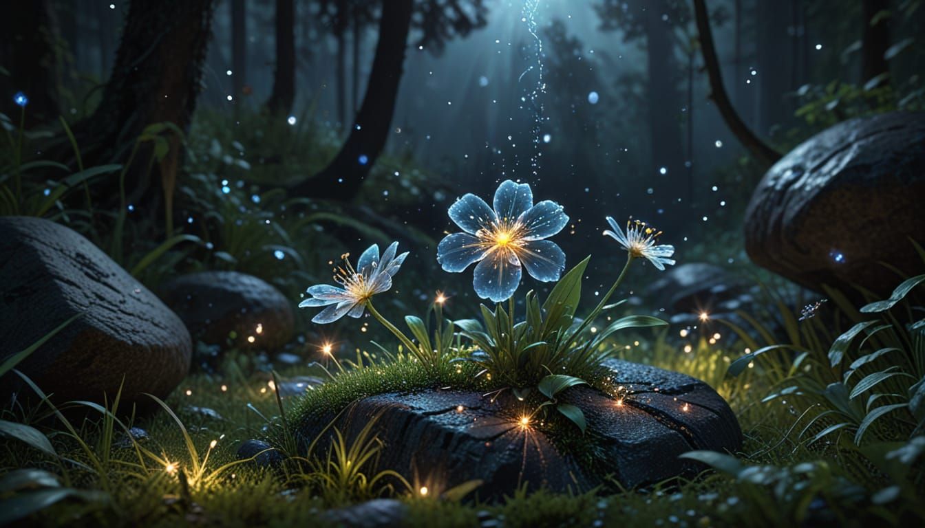 Bioluminescent Flower Pollination in Hyper-Realistic Detail