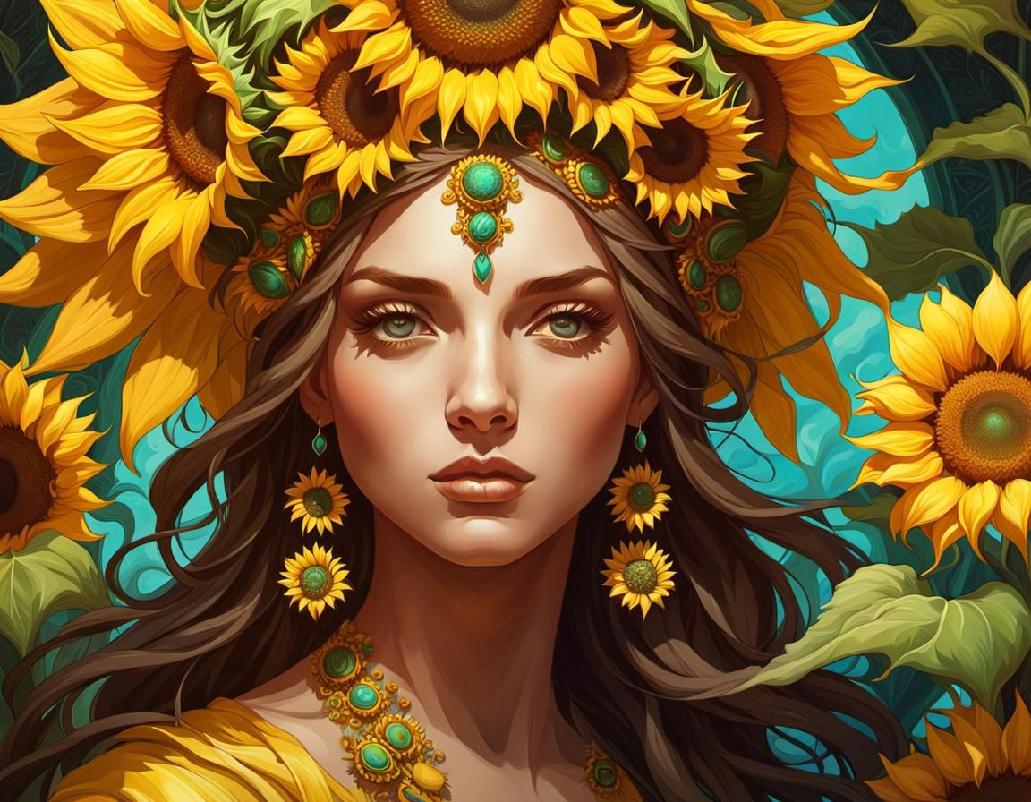 Psychedelic Sunflower Goddess Digital Art