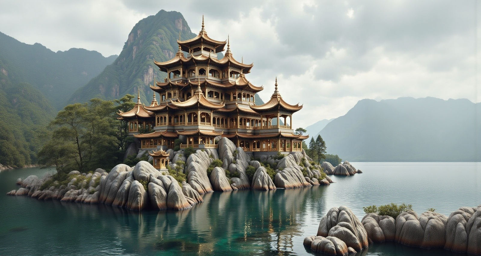 Sprawling Chinese Temple on Rocky Shoreline