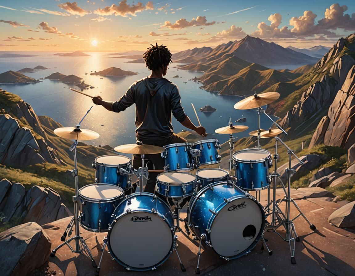 Drummer on Mountain at Sunset: Hyperrealistic Splash Art