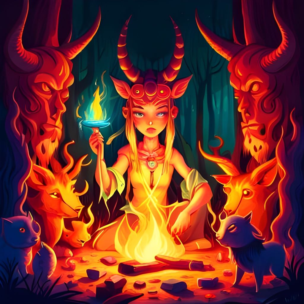 Chibi Antelope Shaman at Campfire Illustration