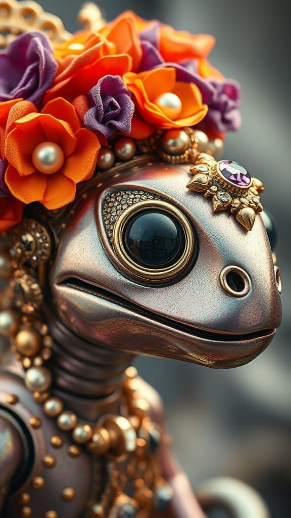 Metallic Reptile with Ornate Jewelry and Floral Crown