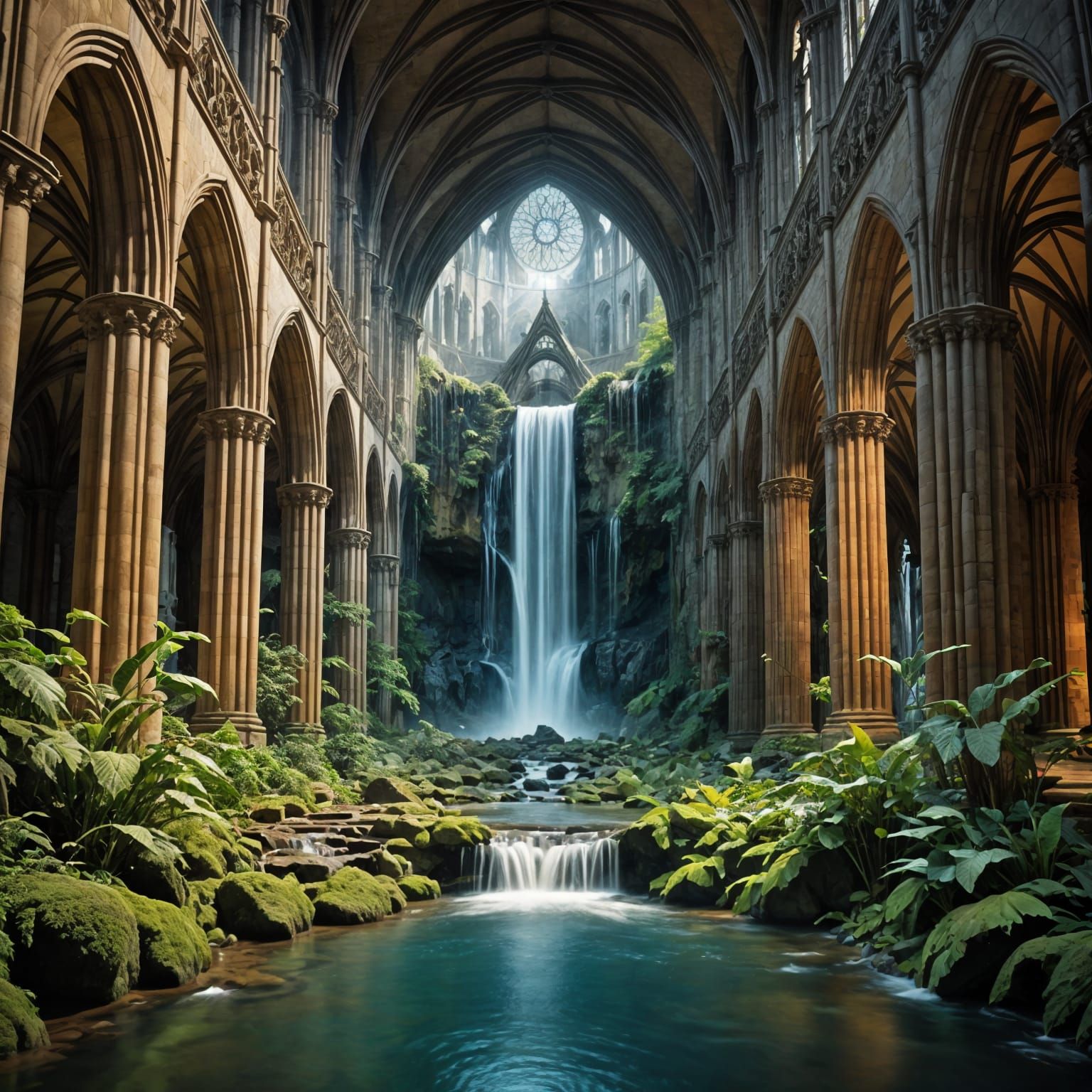 Magical Waterfalls Flowing Through Cathedral