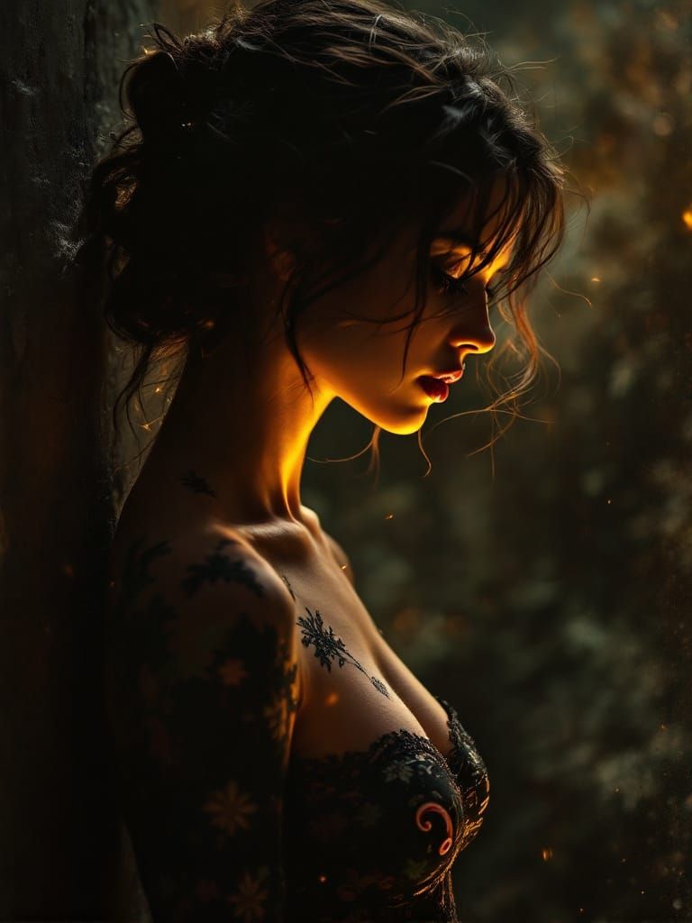 Woman in Festive Bodysuit with Luminous Haze