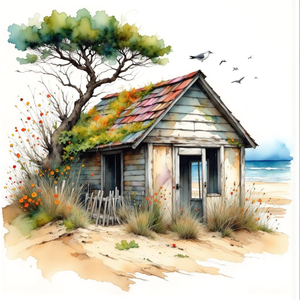 Watercolor Beach Shack with Flower Vines and Seagulls