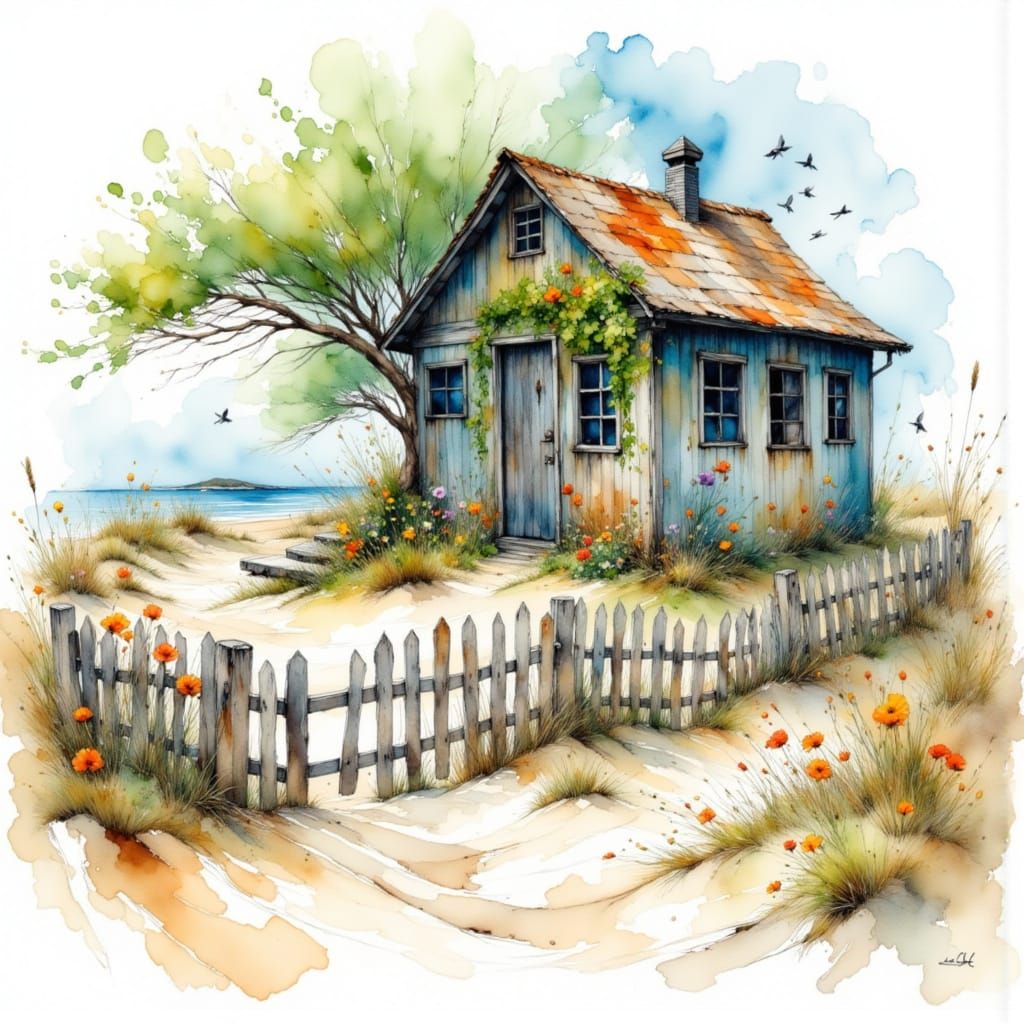 Watercolor Beach Shack with Flowers and Seagulls
