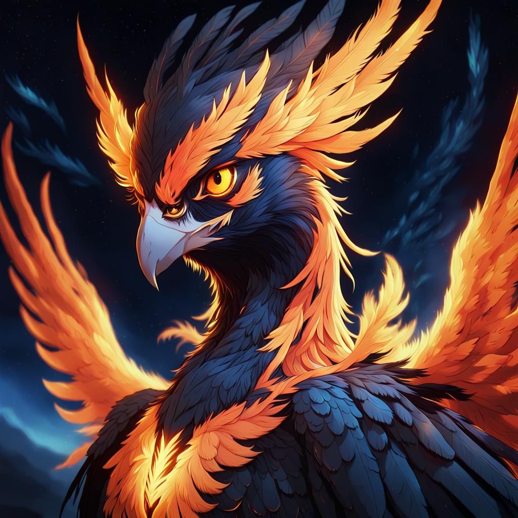 Dark Flame Phoenix: Anime-Style Portrait in Starry Night