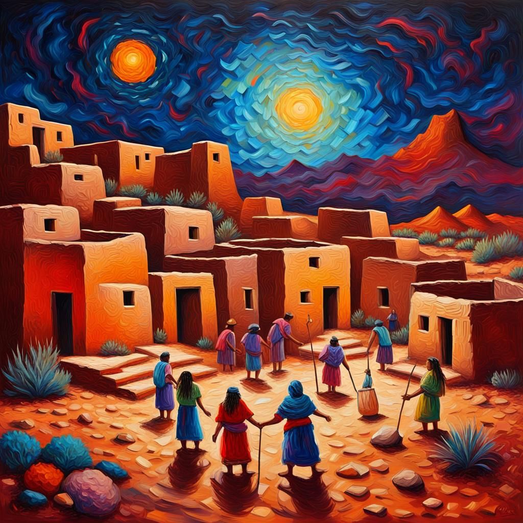 Indigenous Celebration in Desert Pueblo, Impasto Oil