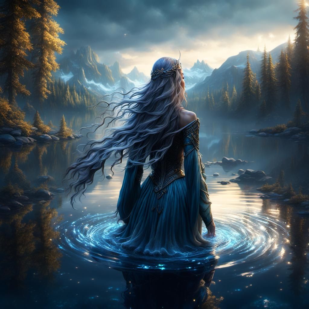 Water Nymph Enters Sparkling Lake: Fantasy Concept Art