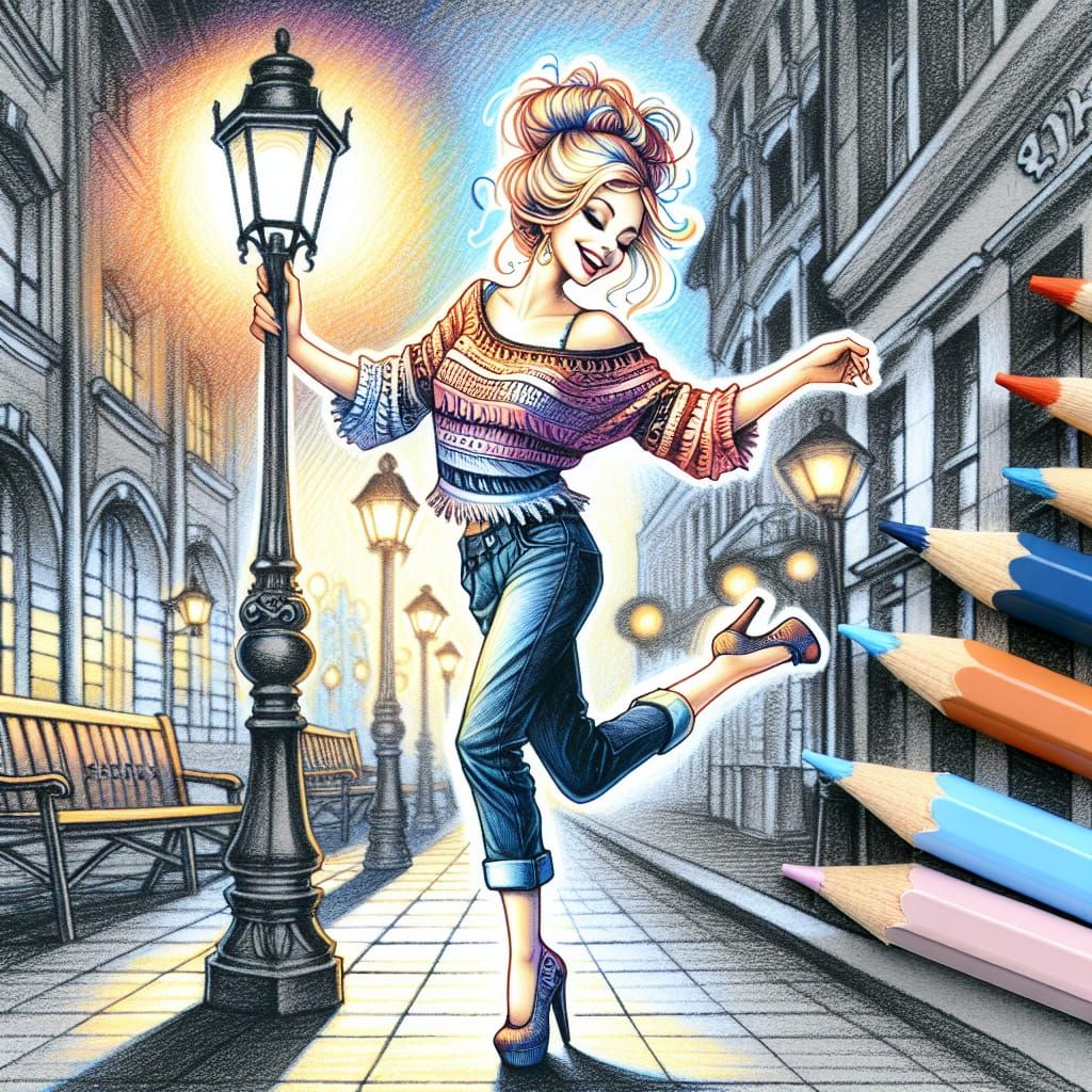 Joyful Woman Dancing: Whimsical Street Scene Illustration