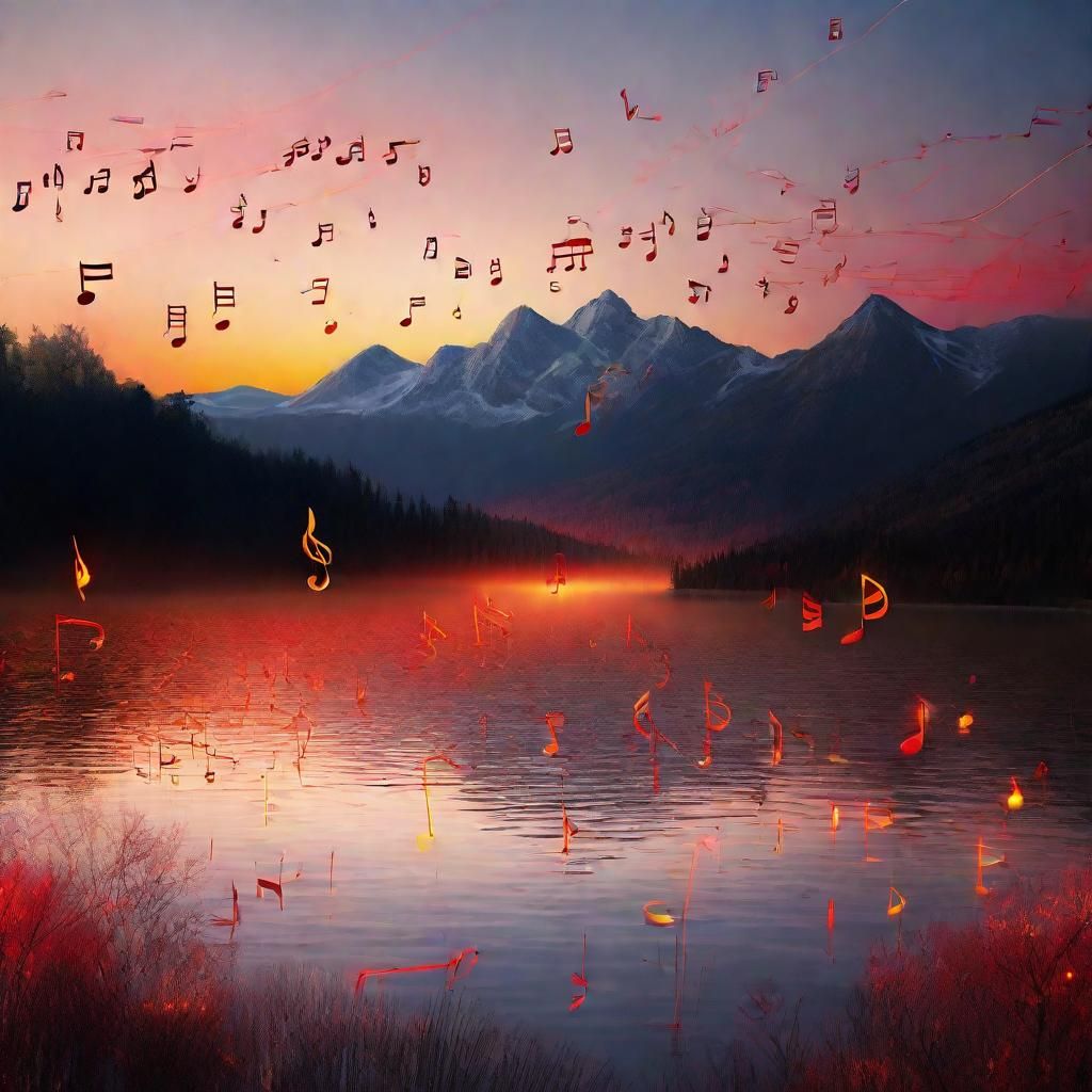 Serene Lake with Floating Musical Notes