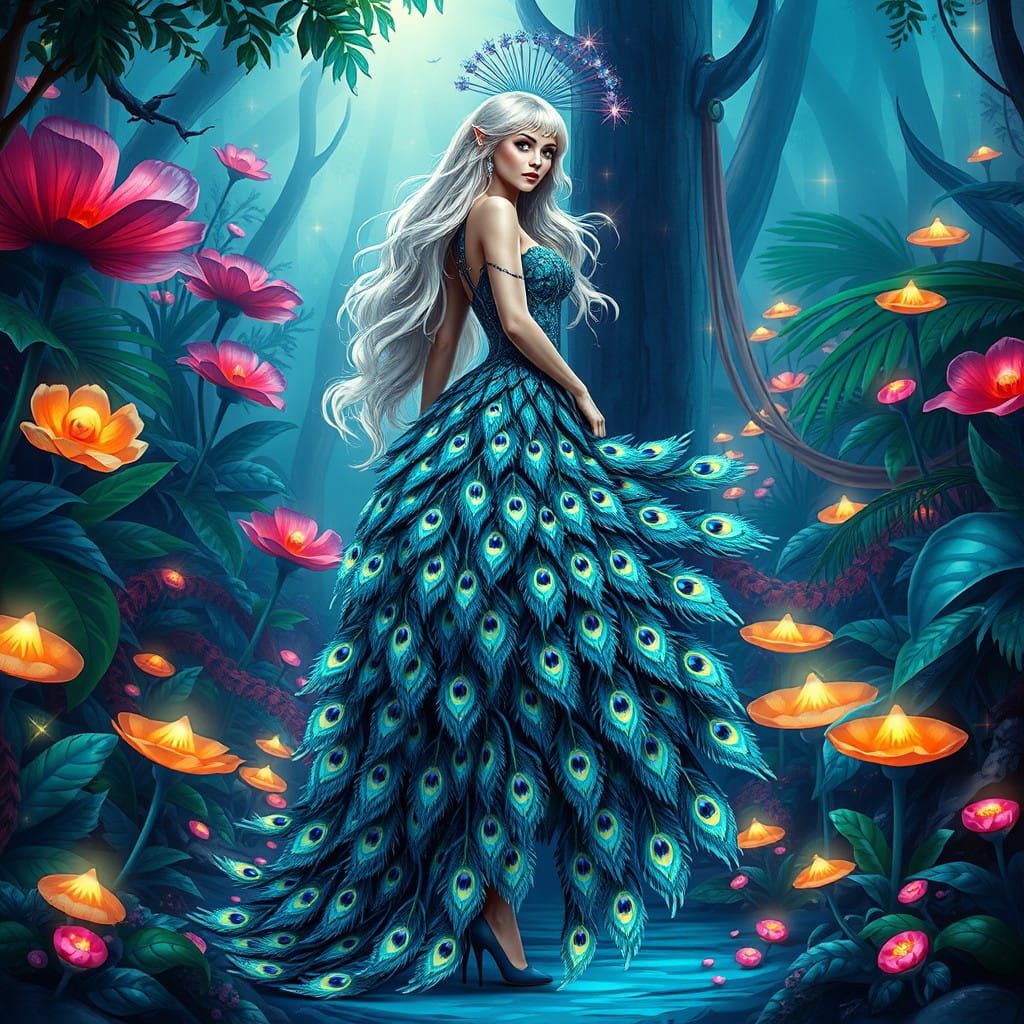 Ethereal Peacock Goddess Reigns in Vibrant Enchanted Forest